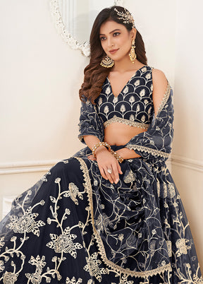 3 Pc Black Net Semi Stitched Lehenga Set - Indian Silk House Agencies