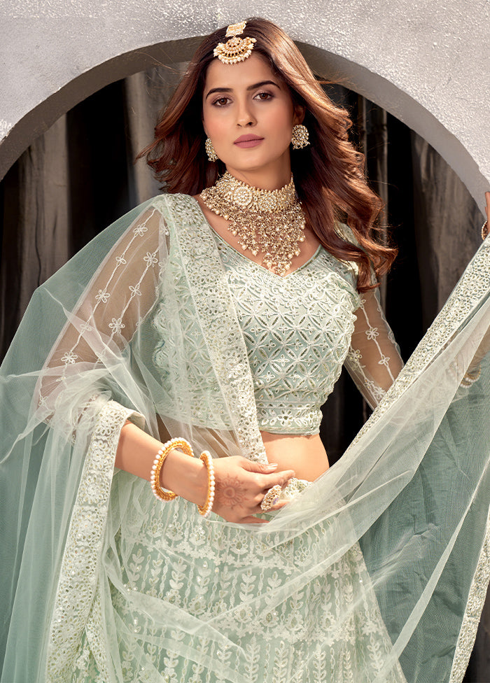 3 Pc Pista Green Net Semi Stitched Lehenga Set 3 Pc Pista Green Net Semi Stitched Lehenga Set