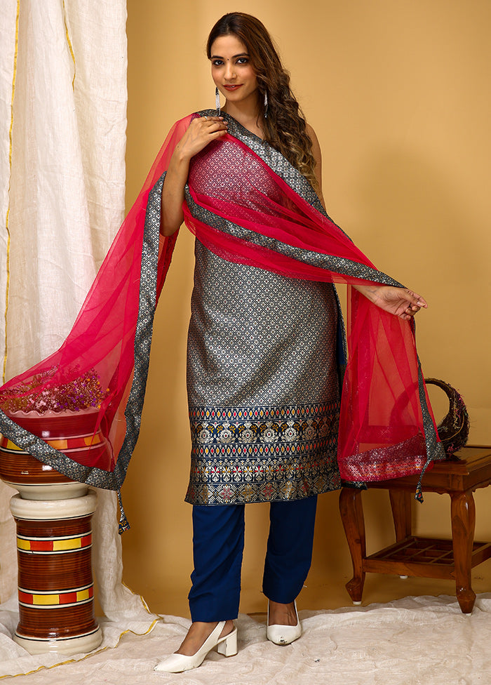 3 Pc Blue Readymade Silk Suit Set - Indian Silk House Agencies