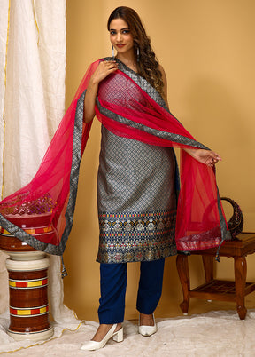 3 Pc Blue Readymade Silk Suit Set - Indian Silk House Agencies
