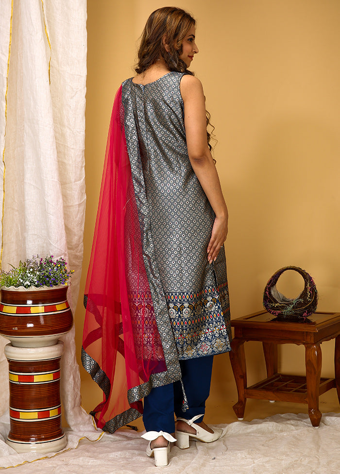3 Pc Blue Readymade Silk Suit Set - Indian Silk House Agencies