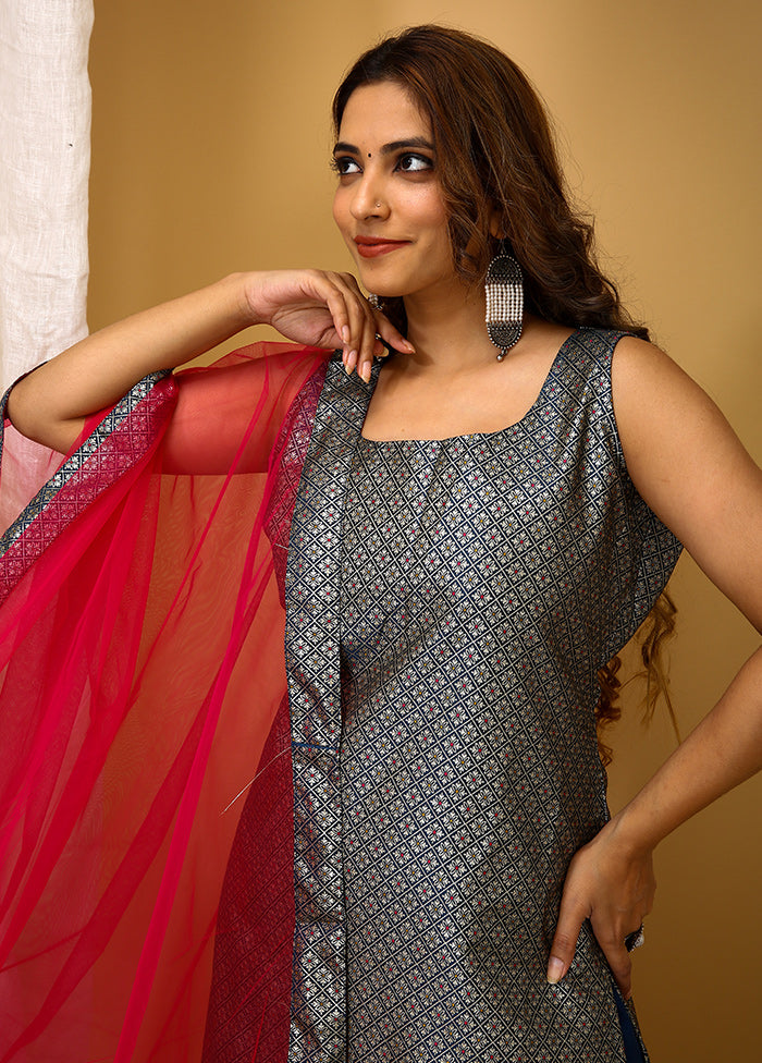 3 Pc Blue Readymade Silk Suit Set - Indian Silk House Agencies