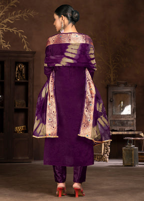 3 Pc Purple Semi Stitched Silk Suit Set - Indian Silk House Agencies