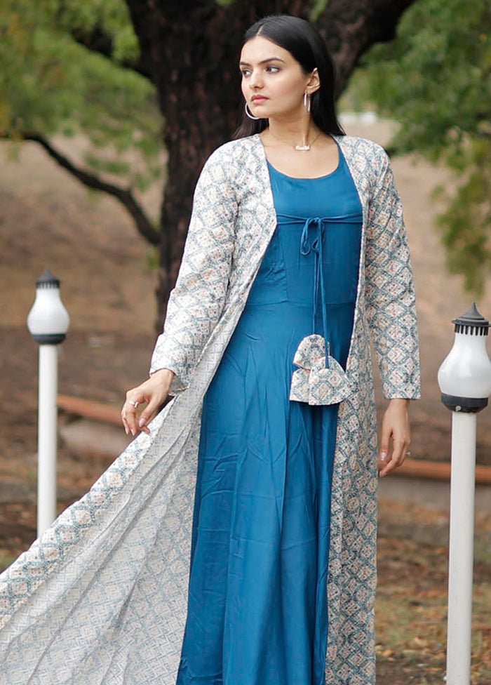 Blue Readymade Rayon Gown With Shrug Blue Readymade Rayon Gown With Shrug