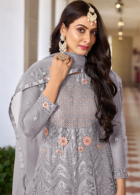 3 Pc Grey Semi Stitched Net Suit Set - Indian Silk House Agencies