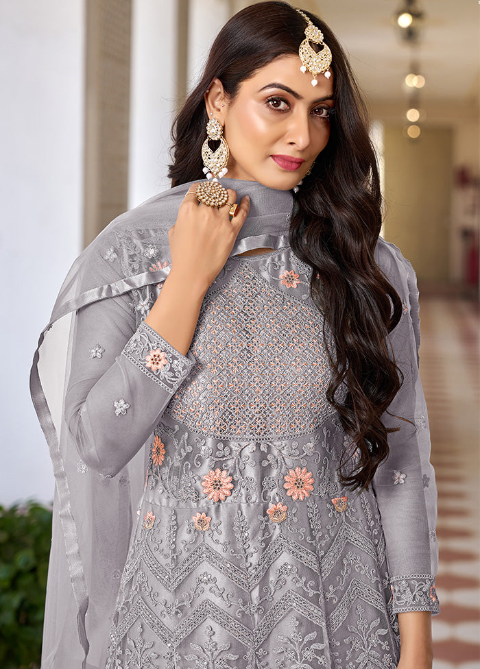 3 Pc Grey Semi Stitched Net Suit Set - Indian Silk House Agencies