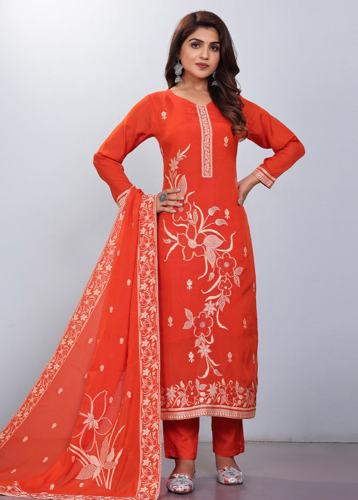 3 Pc Orange Readymade Viscose Suit Set - Indian Silk House Agencies