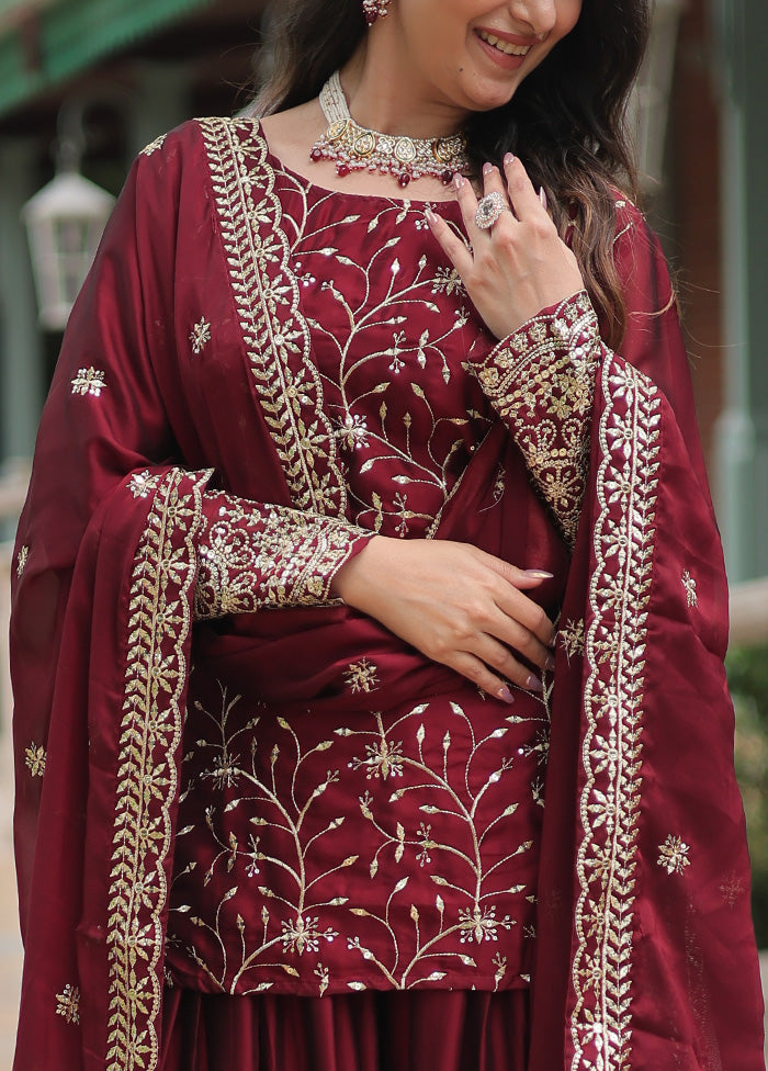 3 Pc Maroon Readymade Silk Suit Set