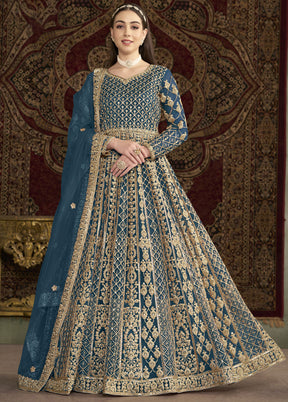 Teal Blue Semi Stitched Net Dupatta Indian Dress Teal Blue Semi Stitched Net Dupatta Indian Dress