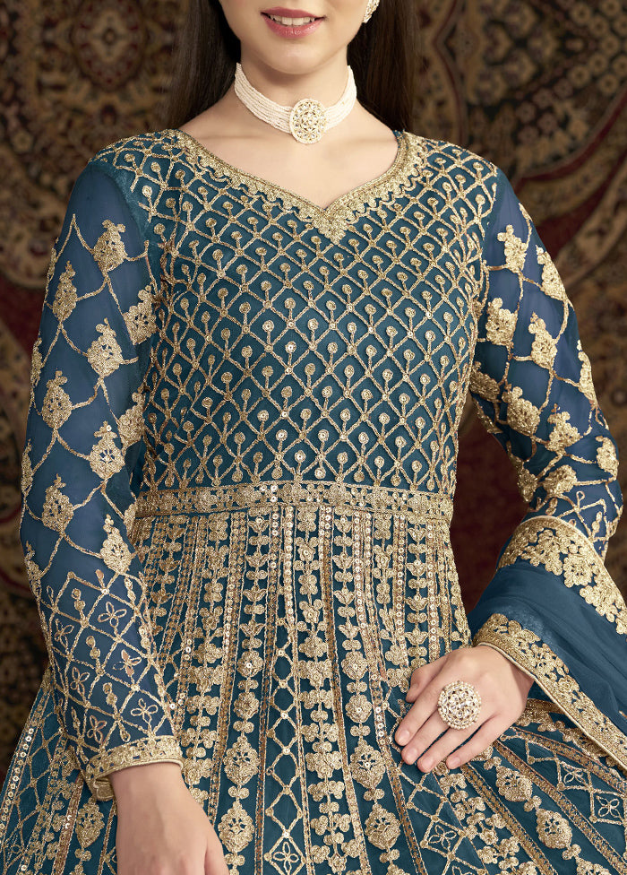 Teal Blue Semi Stitched Net Dupatta Indian Dress Teal Blue Semi Stitched Net Dupatta Indian Dress