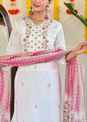 3 Pc White Readymade Viscose Dupatta Suit Set