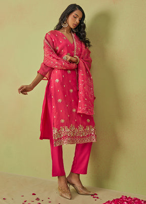 3 Pc Pink Semi Stitched Silk Suit Set