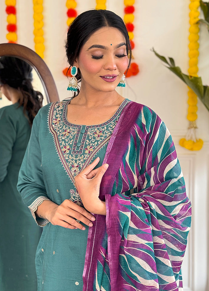 3 Pc Teal Blue Readymade Viscose Dupatta Suit Set
