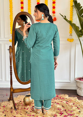 3 Pc Teal Blue Readymade Viscose Dupatta Suit Set