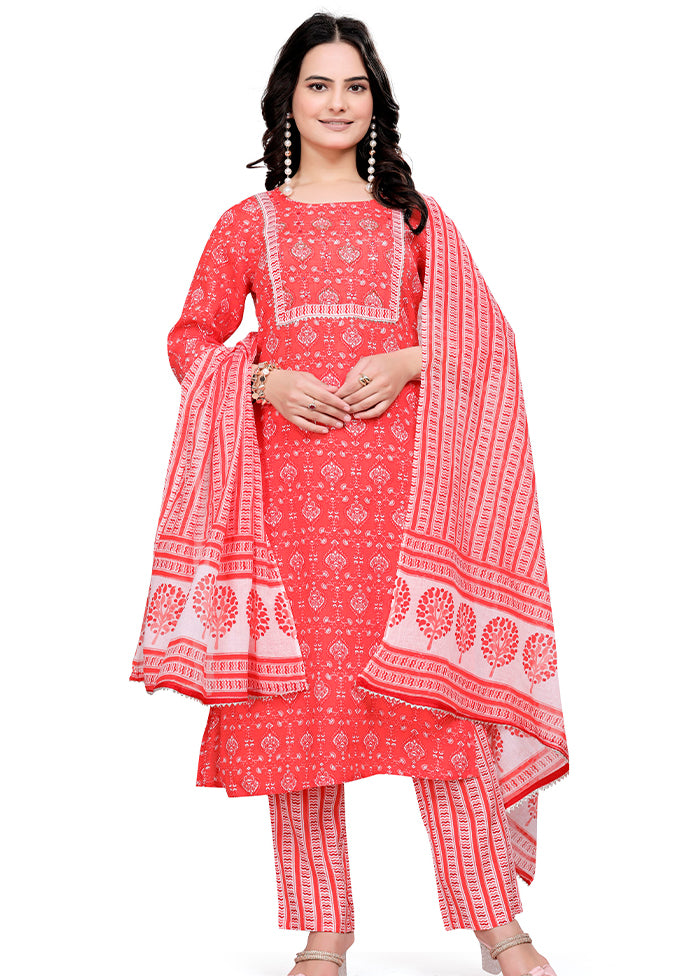3 Pc Orange Readymade Cotton Dupatta Suit Set
