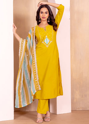 3 Pc Yellow Readymade Silk Dupatta Suit Set