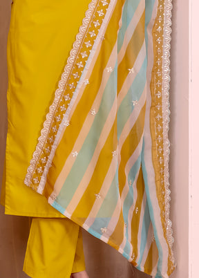 3 Pc Yellow Readymade Silk Dupatta Suit Set