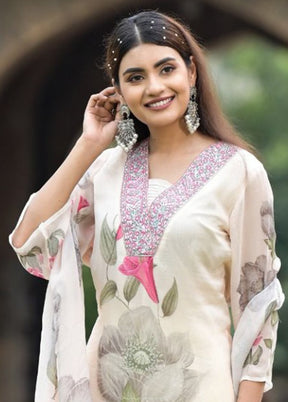 3 Pc Off White Readymade Georgette Dupatta Suit Set