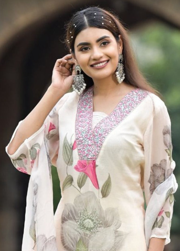 3 Pc Off White Readymade Georgette Dupatta Suit Set