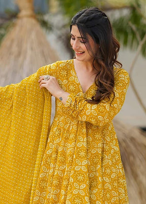 3 Pc Yellow Readymade Silk Dupatta Suit Set