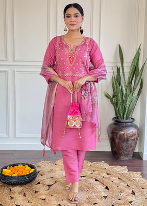 3 Pc Pink Readymade Viscose Dupatta Suit Set