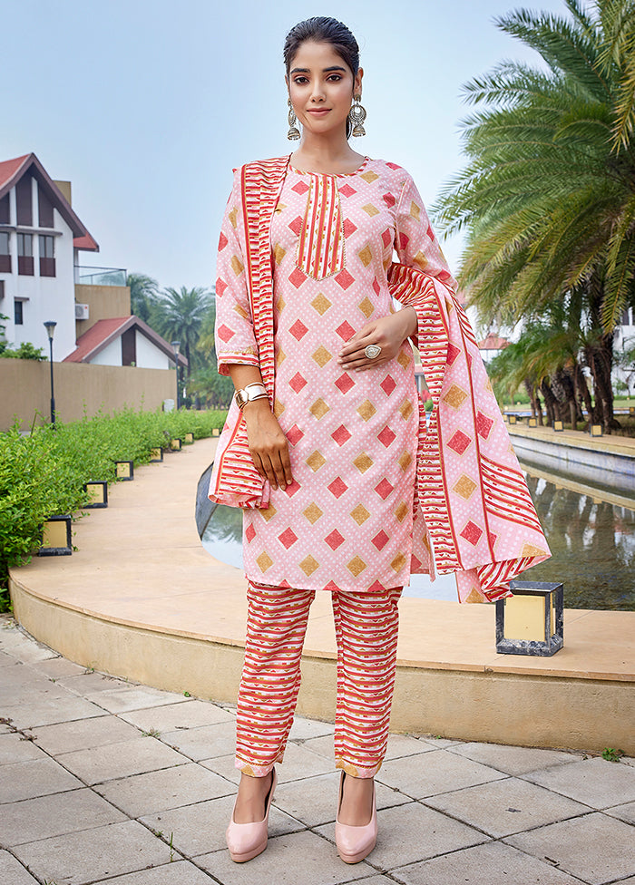 3 Pc Pink Readymade Cotton Dupatta Suit Set