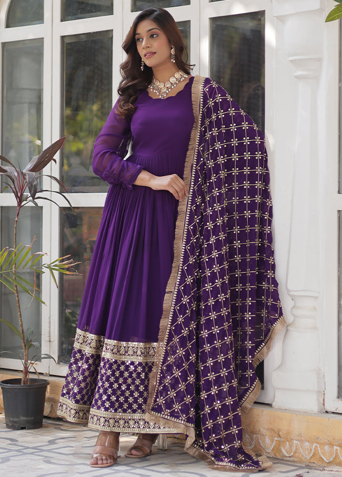 Purple Readymade Georgette Dupatta Long Gown
