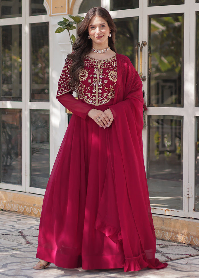 Pink Readymade Georgette Dupatta Long Gown