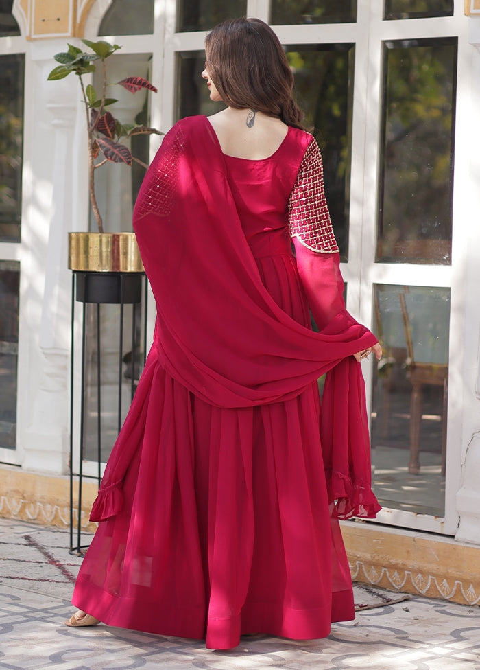 Pink Readymade Georgette Dupatta Long Gown