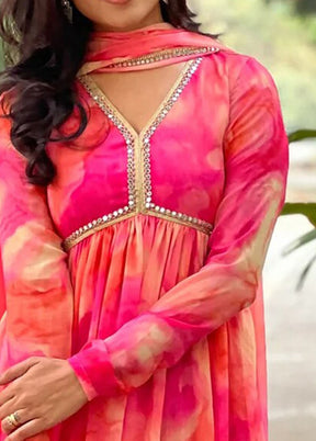 3 Pc Pink Readymade Georgette Dupatta Suit Set