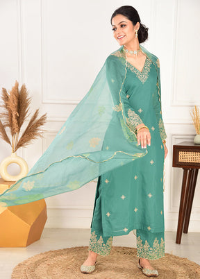 3 Pc Pine Green Readymade Viscose Dupatta Suit Set
