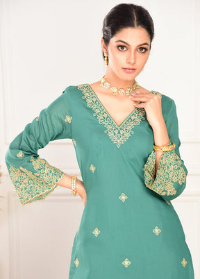 3 Pc Pine Green Readymade Viscose Dupatta Suit Set