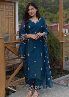 3 Pc Teal Blue Readymade Viscose Dupatta Suit Set