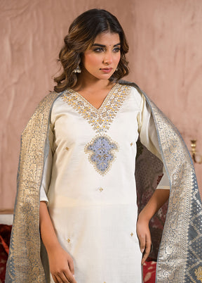 3 Pc White Readymade Viscose Dupatta Suit Set