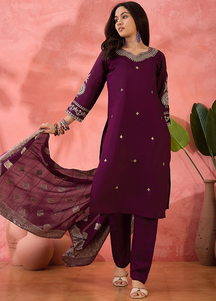 3 Pc Wine Readymade Silk Dupatta Suit Set