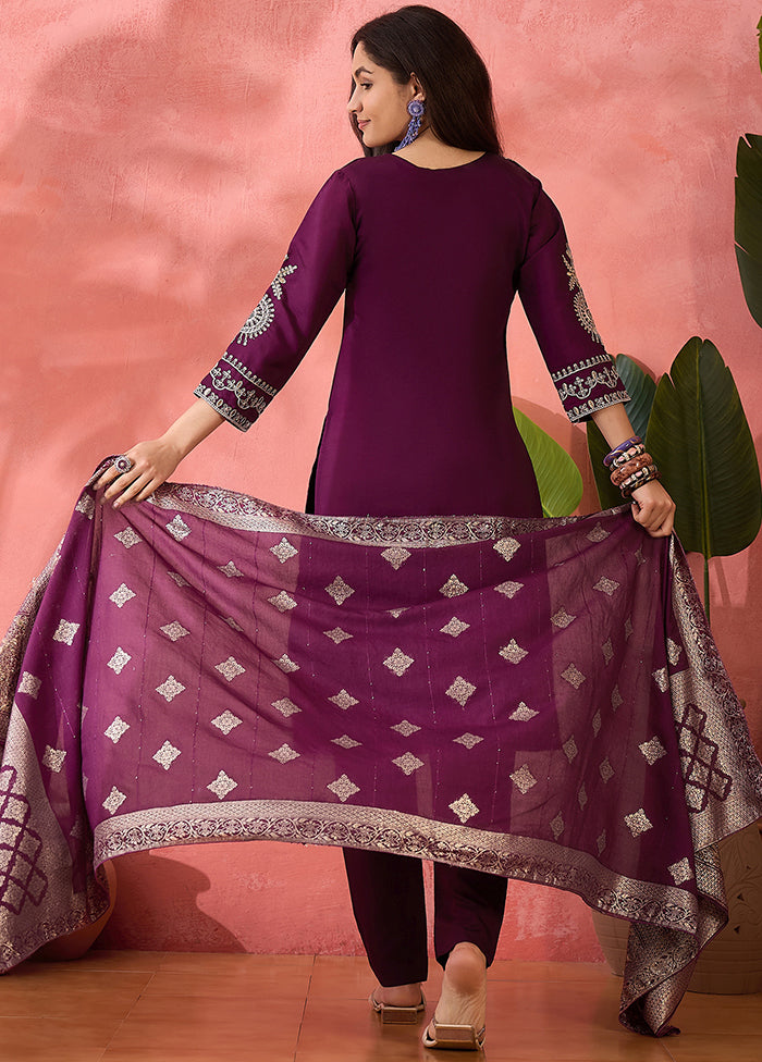 3 Pc Wine Readymade Silk Dupatta Suit Set