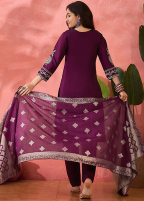 3 Pc Wine Readymade Silk Dupatta Suit Set