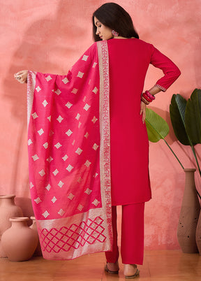 3 Pc Pink Readymade Silk Dupatta Suit Set