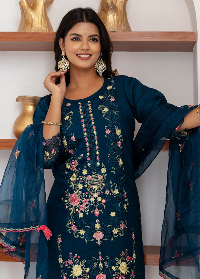 3 Pc Teal Blue Readymade Viscose Dupatta Suit Set