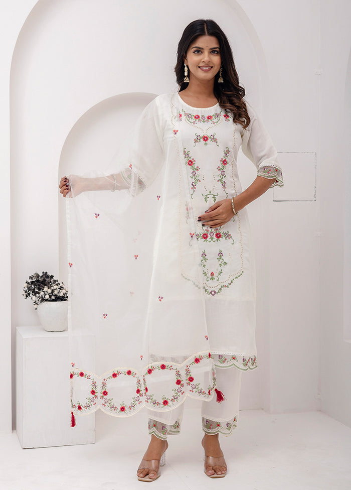 3 Pc White Readymade Viscose Dupatta Suit Set