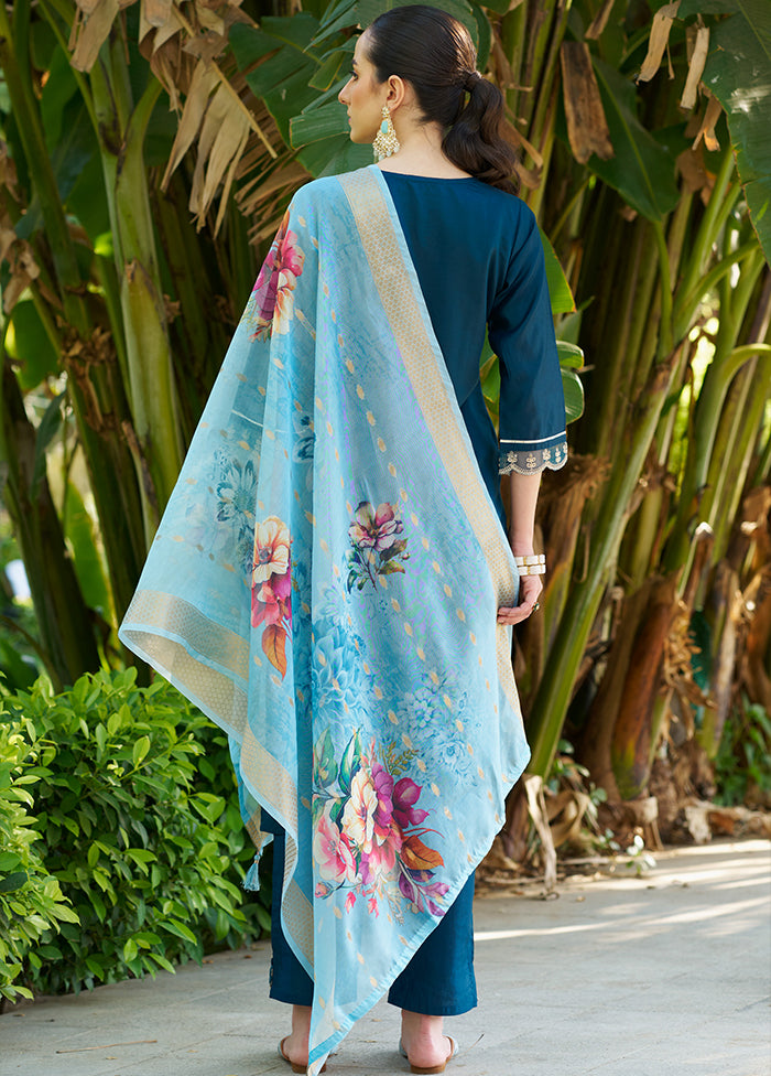 3 Pc Teal Readymade Viscose Dupatta Suit Set
