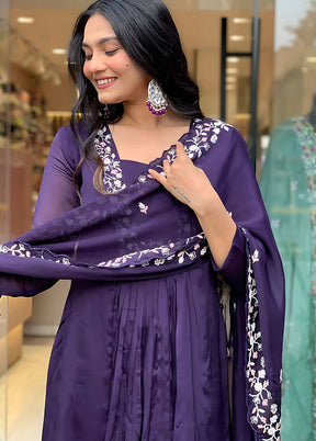 3 Pc Voilet Readymade Silk Dupatta Suit Set