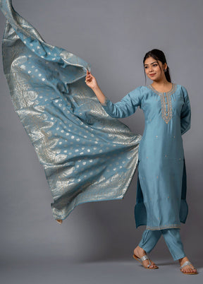 3 Pc Grey Readymade Viscose Dupatta Suit Set