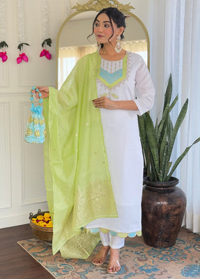 3 Pc White Readymade Viscose Dupatta Suit Set