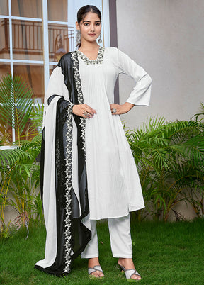 3 Pc White Readymade Viscose Dupatta Suit Set