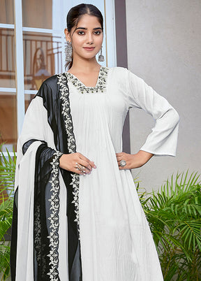 3 Pc White Readymade Viscose Dupatta Suit Set