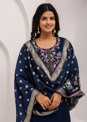 3 Pc Navy Blue Readymade Viscose Dupatta Suit Set
