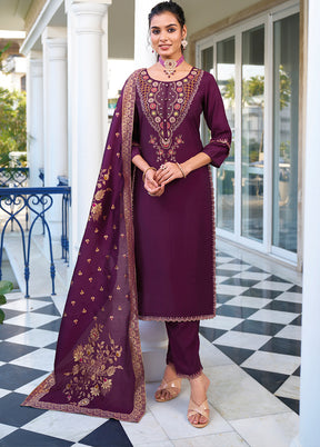 3 Pc Purple Readymade Viscose Dupatta Suit Set