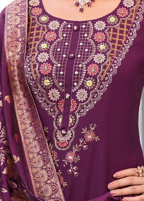 3 Pc Purple Readymade Viscose Dupatta Suit Set