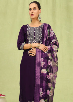 3 Pc Purple Readymade Viscose Dupatta Suit Set